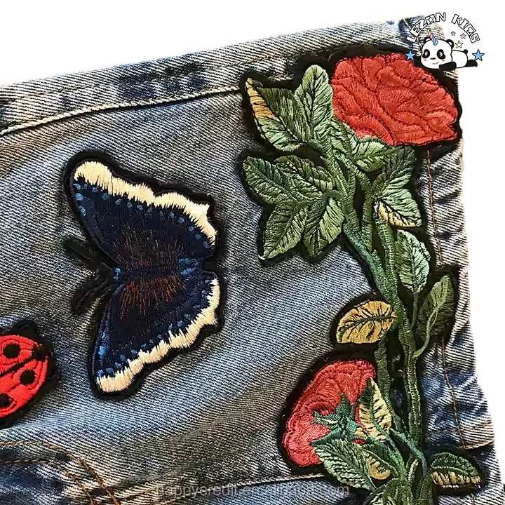 LEZONKIDS - Customizable Mommy and Me Cotton Washed Embroidered Patches Butterfly Ladybug Flowers Girls Denim Skirt